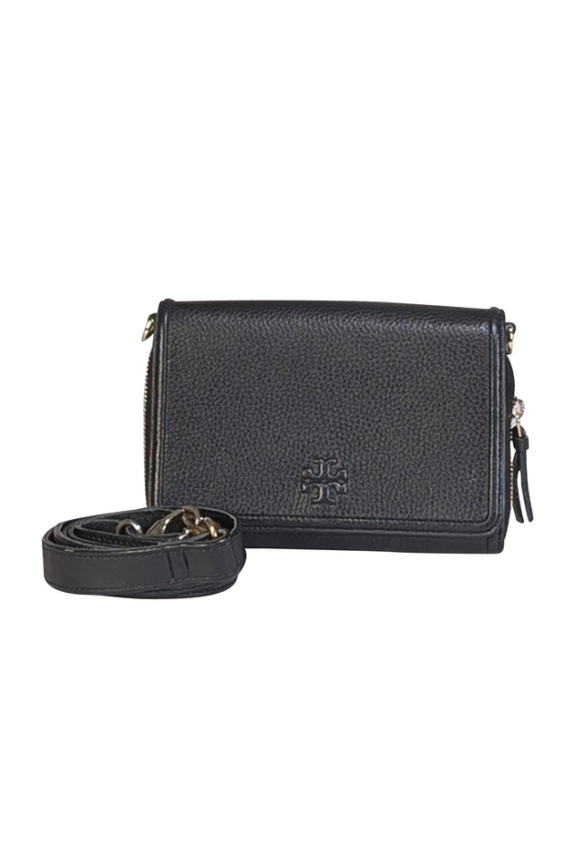 Tory Burch - Black Pebbled Leather Front Flap Crossbody Bag - Current Boutique