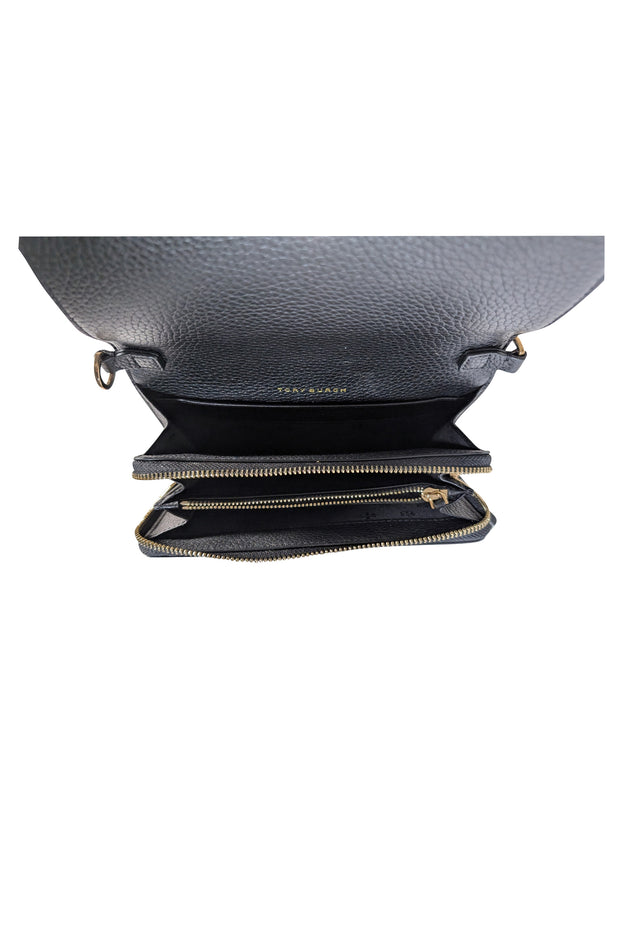 Tory Burch - Black Pebbled Leather Front Flap Crossbody Bag - Current Boutique