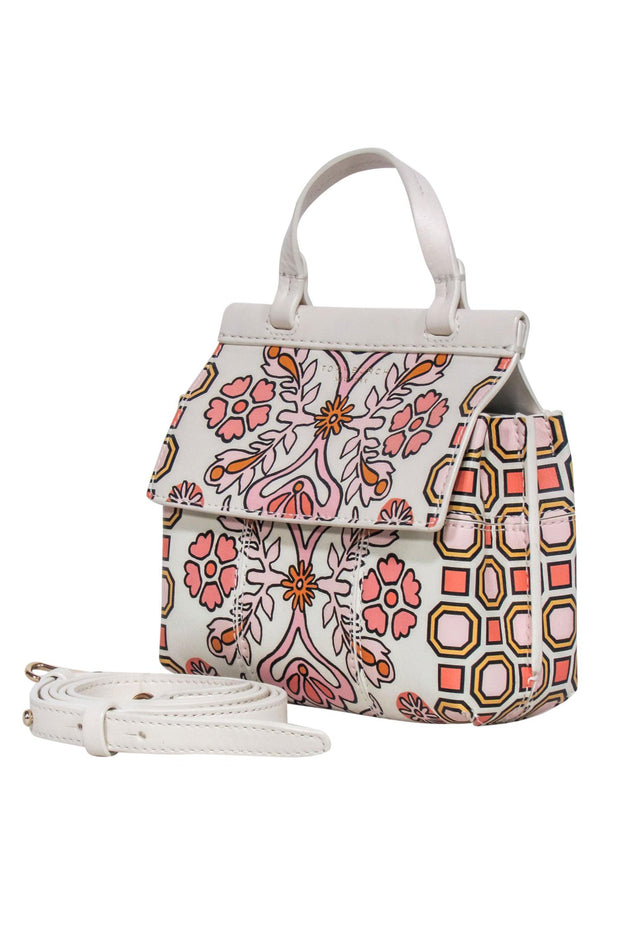Current Boutique-Tory Burch - Ivory Leather w/ Pink & Orange Print Crossbody Bag