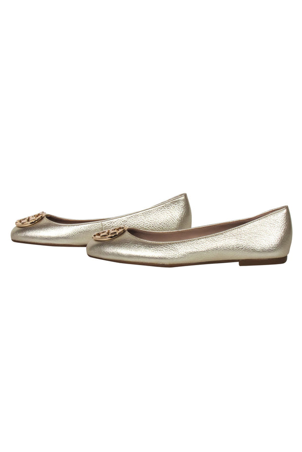 Current Boutique-Tory Burch - Gold Leather Logo Toe Flats Sz 6.5
