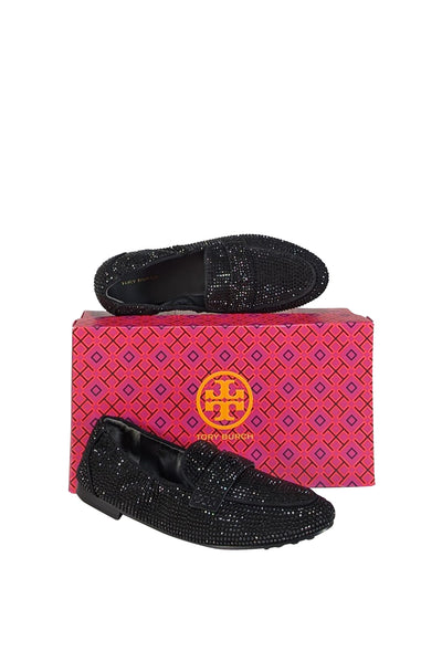 Current Boutique-Tory Burch - Black Suede Rhinestone Embellished Ballet Flats Sz 9