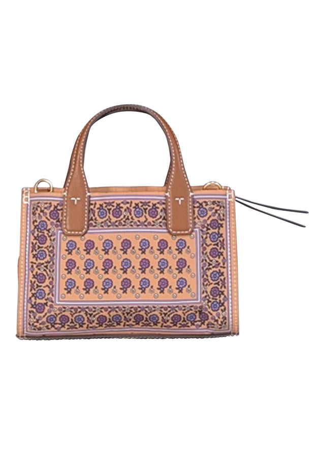 Current Boutique-Tory Burch - Tan & Purple Floral Printed Mini Tote w/ Crossbody Strap