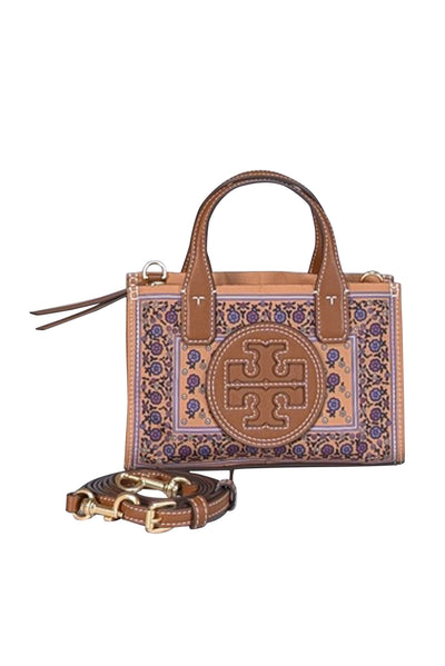 Current Boutique-Tory Burch - Tan & Purple Floral Printed Mini Tote w/ Crossbody Strap