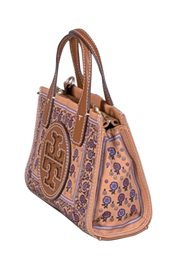 Current Boutique-Tory Burch - Tan & Purple Floral Printed Mini Tote w/ Crossbody Strap