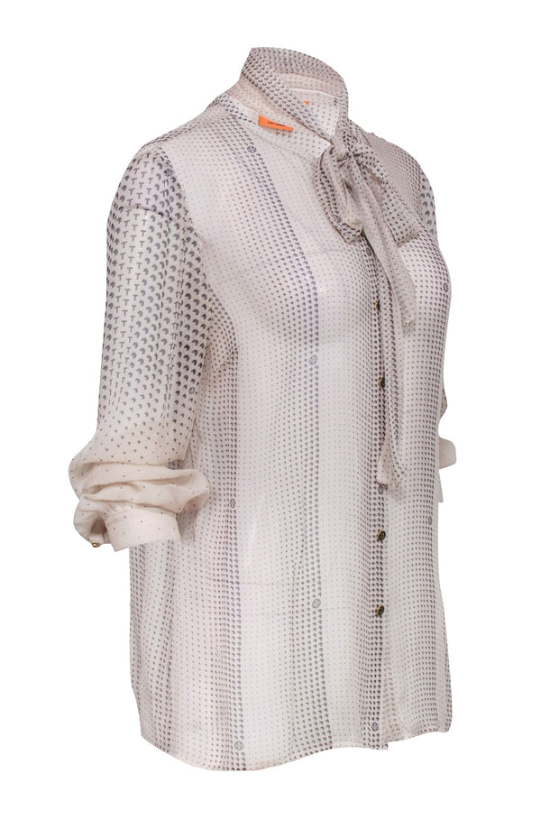 Current Boutique-Tory Burch - Cream Silk Blouse w/ Black Multi-Print Sz 12
