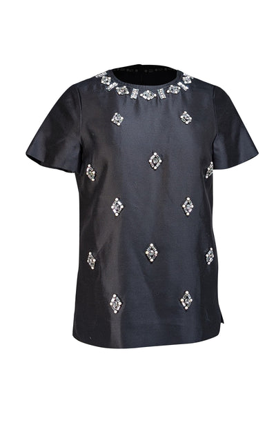 Tory Burch - Black Beaded Jewel Detail Short Sleeve Blouse Sz 6 - Current Boutique