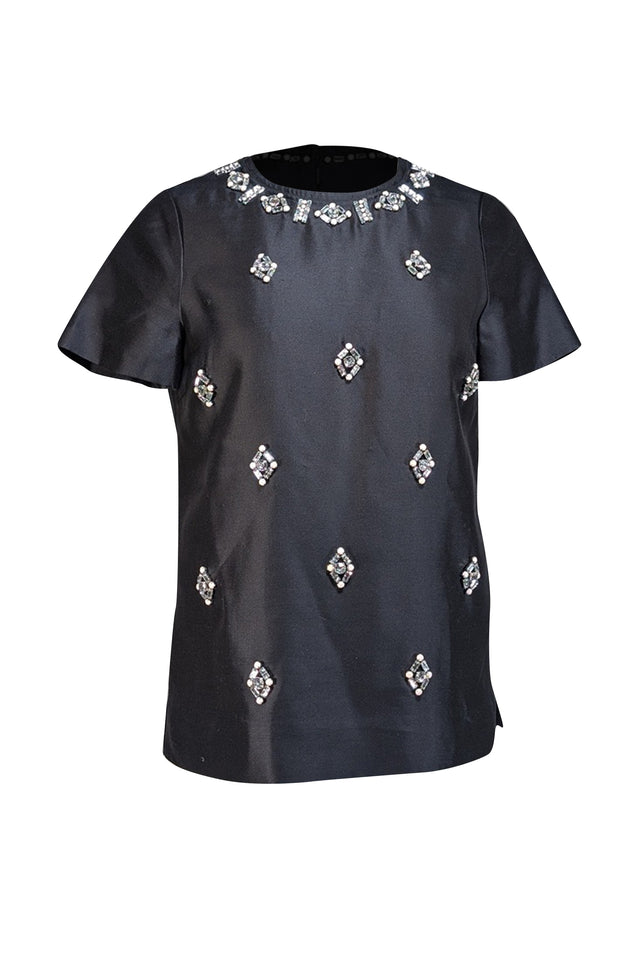 Tory Burch - Black Beaded Jewel Detail Short Sleeve Blouse Sz 6 - Current Boutique