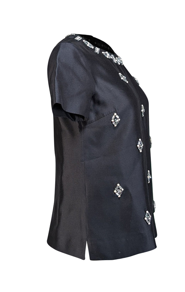 Tory Burch - Black Beaded Jewel Detail Short Sleeve Blouse Sz 6 - Current Boutique