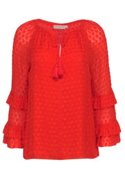 Current Boutique-Tory Burch - Red Orange Floral Textured Long Sleeve Top Sz 6