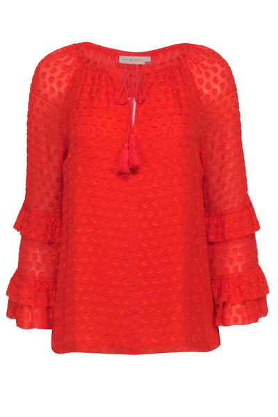 Current Boutique-Tory Burch - Red Orange Floral Textured Long Sleeve Top Sz 6