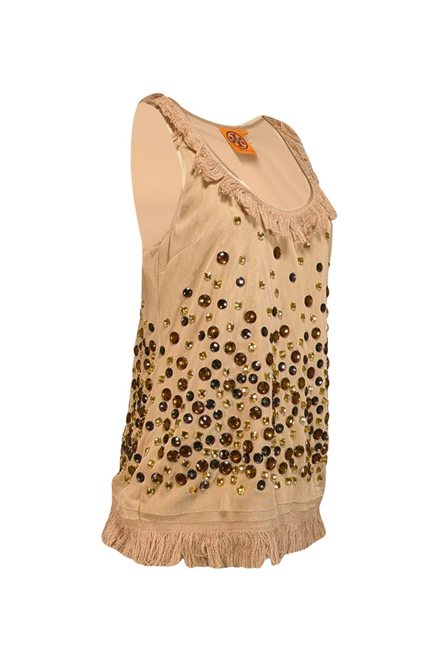 Current Boutique-Tory Burch - Beige Silk Tulle Embellished Top Sz 6