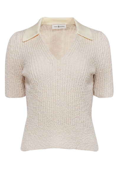 Current Boutique-Tory Burch - Cream Ribbed Knit Boucle Polo Shirt Sz L