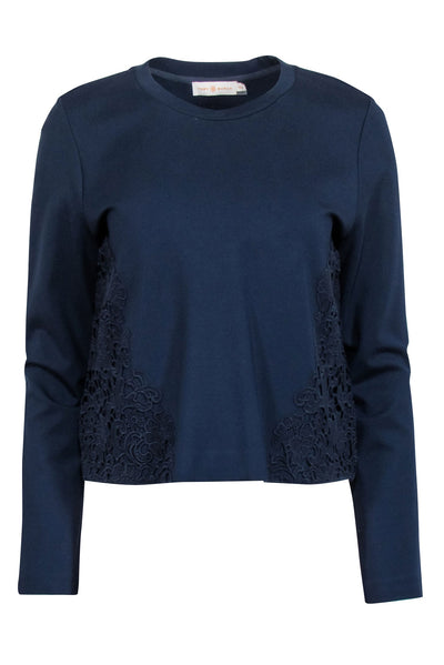 Current Boutique-Tory Burch - Navy Cropped Sweatshirt w/ Floral Lace Applique Sz M