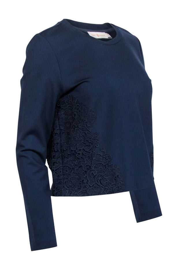 Current Boutique-Tory Burch - Navy Cropped Sweatshirt w/ Floral Lace Applique Sz M