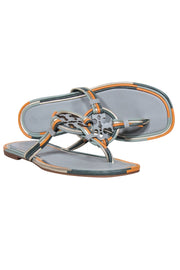 Current Boutique-Tory Burch - Sage & Orange Trim Leather Logo Thong Flip-Flops Sz 8
