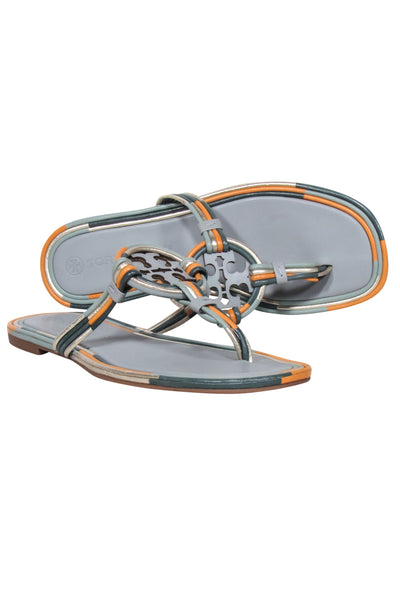 Current Boutique-Tory Burch - Sage & Orange Trim Leather Logo Thong Flip-Flops Sz 8