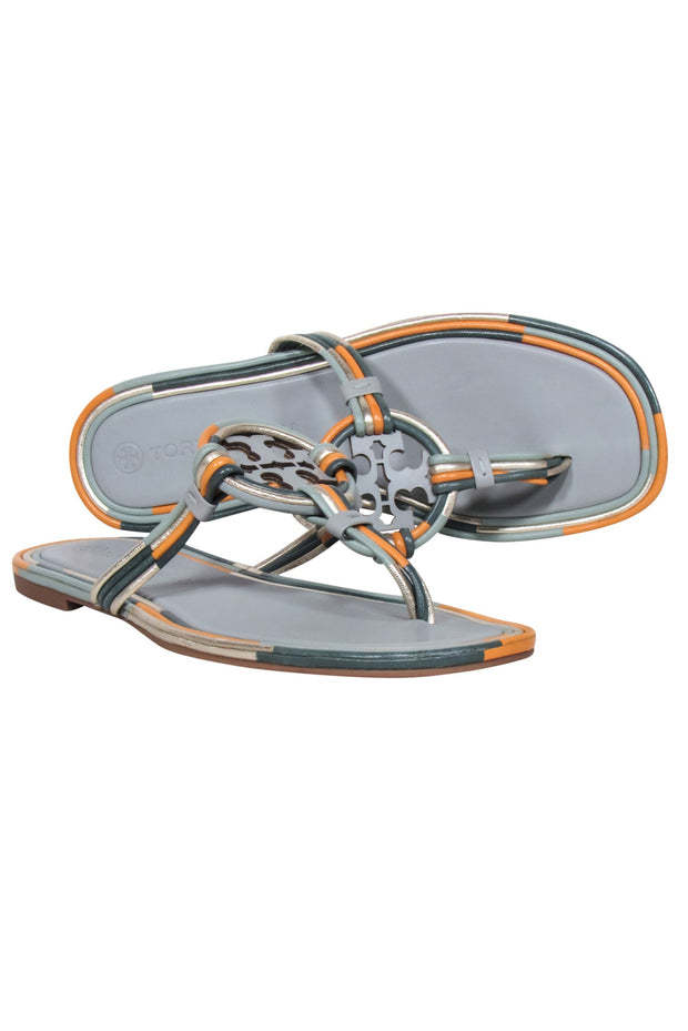 Current Boutique-Tory Burch - Sage & Orange Trim Leather Logo Thong Flip-Flops Sz 8