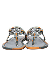 Current Boutique-Tory Burch - Sage & Orange Trim Leather Logo Thong Flip-Flops Sz 8