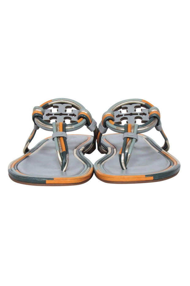 Current Boutique-Tory Burch - Sage & Orange Trim Leather Logo Thong Flip-Flops Sz 8