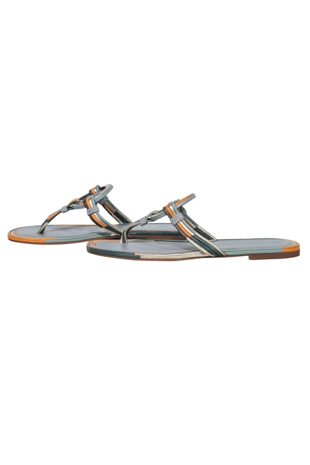 Current Boutique-Tory Burch - Sage & Orange Trim Leather Logo Thong Flip-Flops Sz 8