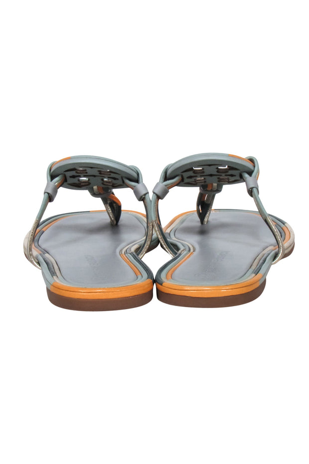 Current Boutique-Tory Burch - Sage & Orange Trim Leather Logo Thong Flip-Flops Sz 8