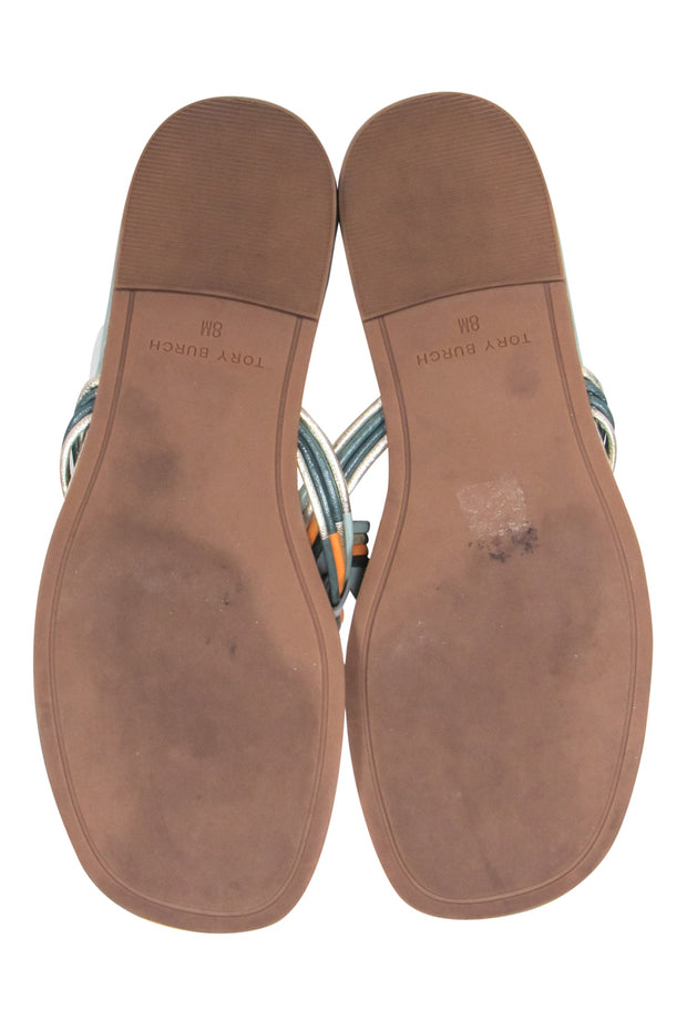 Current Boutique-Tory Burch - Sage & Orange Trim Leather Logo Thong Flip-Flops Sz 8