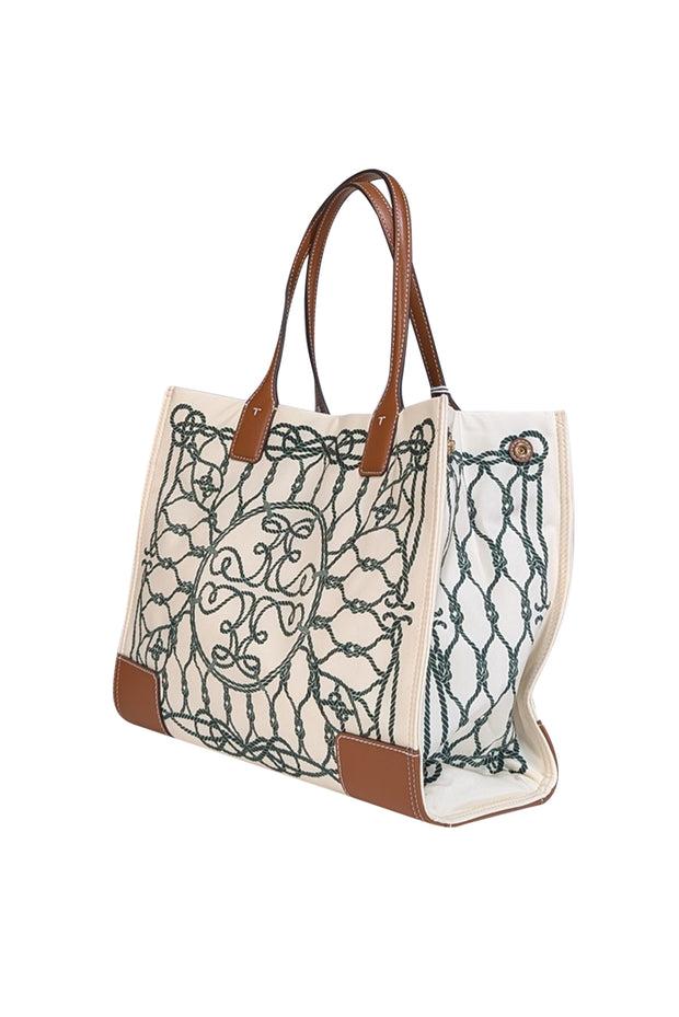 Current Boutique-Tory Burch - Ivory & Green Rope Print Tote