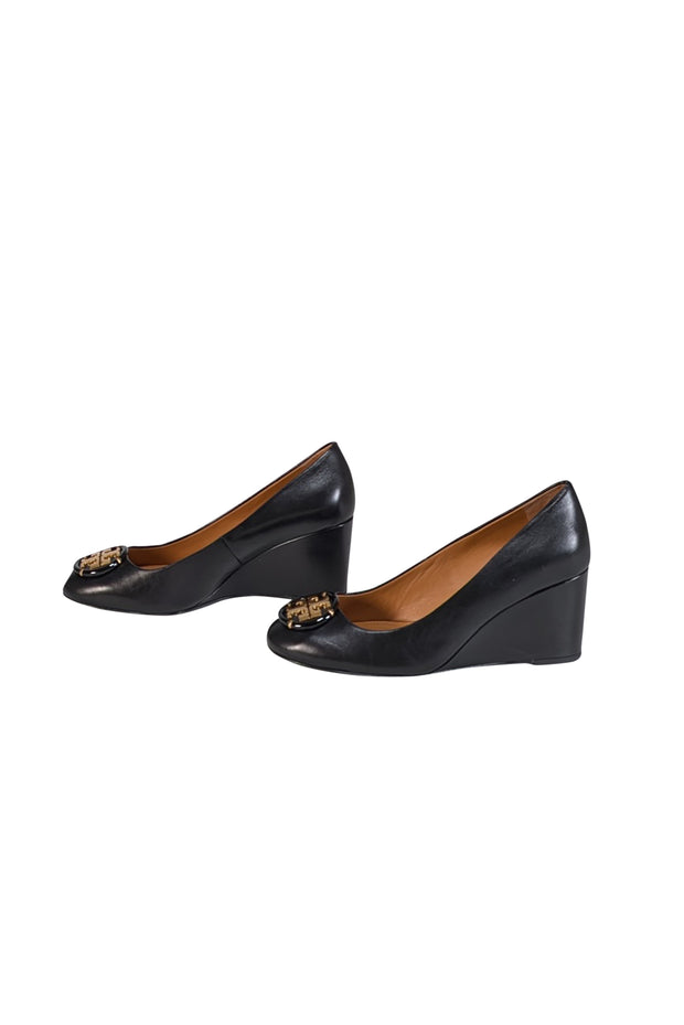 Current Boutique-Tory Burch - Black Goat Leather Wedges w/ Logo Toe Sz 8.5