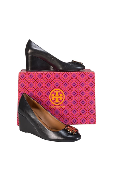 Current Boutique-Tory Burch - Black Goat Leather Wedges w/ Logo Toe Sz 8.5