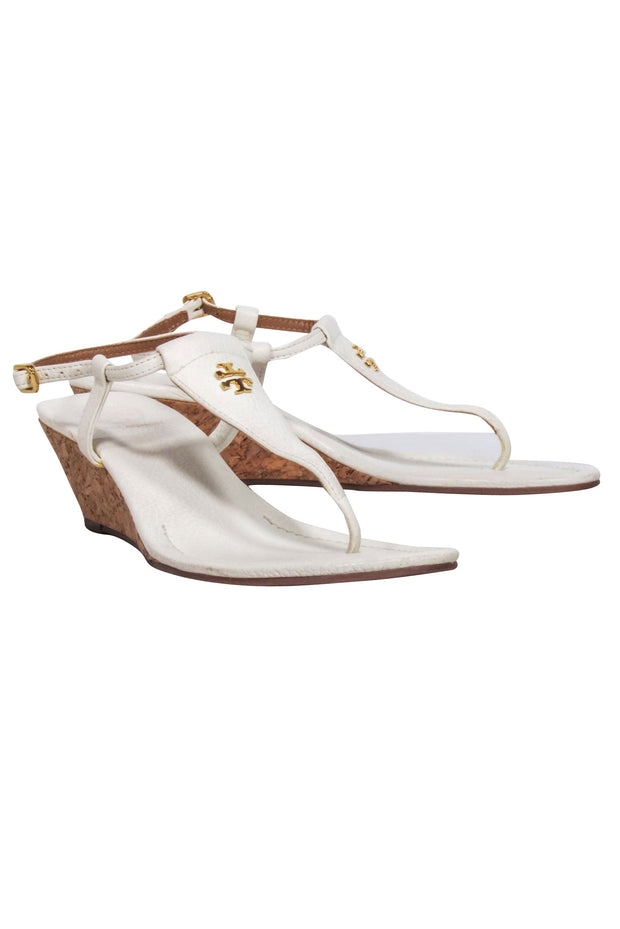Current Boutique-Tory Burch - Ivory Leather Wedged Sandals Sz 8