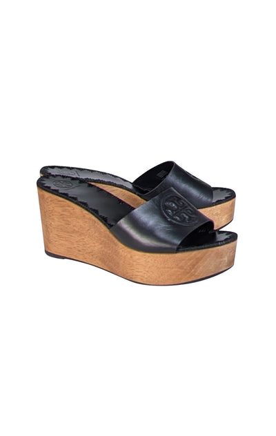 Tory Burch - Black Leather Platform Wedges Sz 9.5 - Current Boutique
