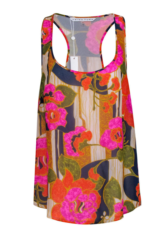 Current Boutique-Trina Turk - Pink, Navy, & Green Floral Print Tank Sz L