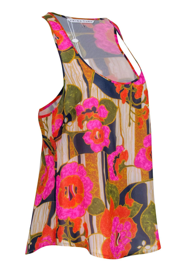 Current Boutique-Trina Turk - Pink, Navy, & Green Floral Print Tank Sz L
