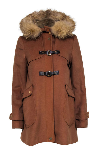 Current Boutique-Trina Turk - Tan Wool Blend Coat w/ Fur Lined Hoodie Sz 6