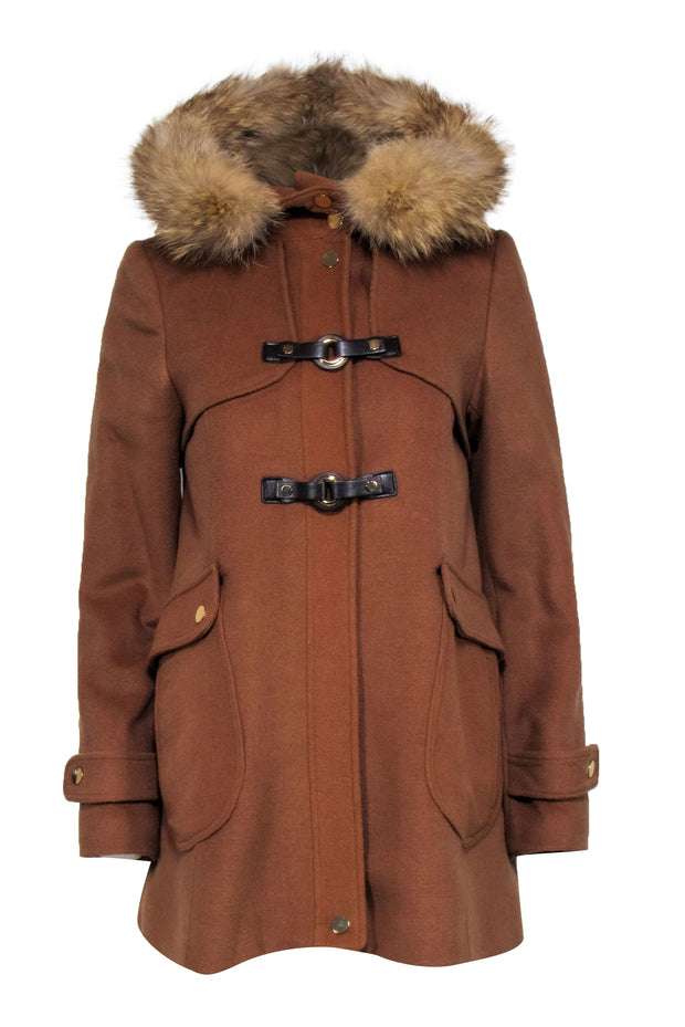 Current Boutique-Trina Turk - Tan Wool Blend Coat w/ Fur Lined Hoodie Sz 6