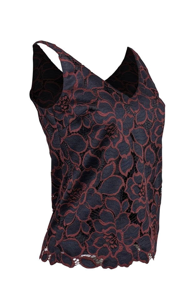 Current Boutique-Trina Turk - Dark Navy & Maroon Floral Eyelet Lace Top Sz XS