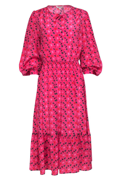 Current Boutique-Tuckernuck - Pink w/ Green & Orange Floral Long Sleeve Smocked Waist Dress Sz L