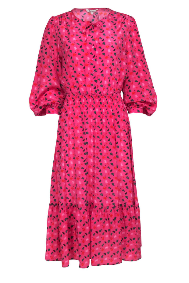 Current Boutique-Tuckernuck - Pink w/ Green & Orange Floral Long Sleeve Smocked Waist Dress Sz L