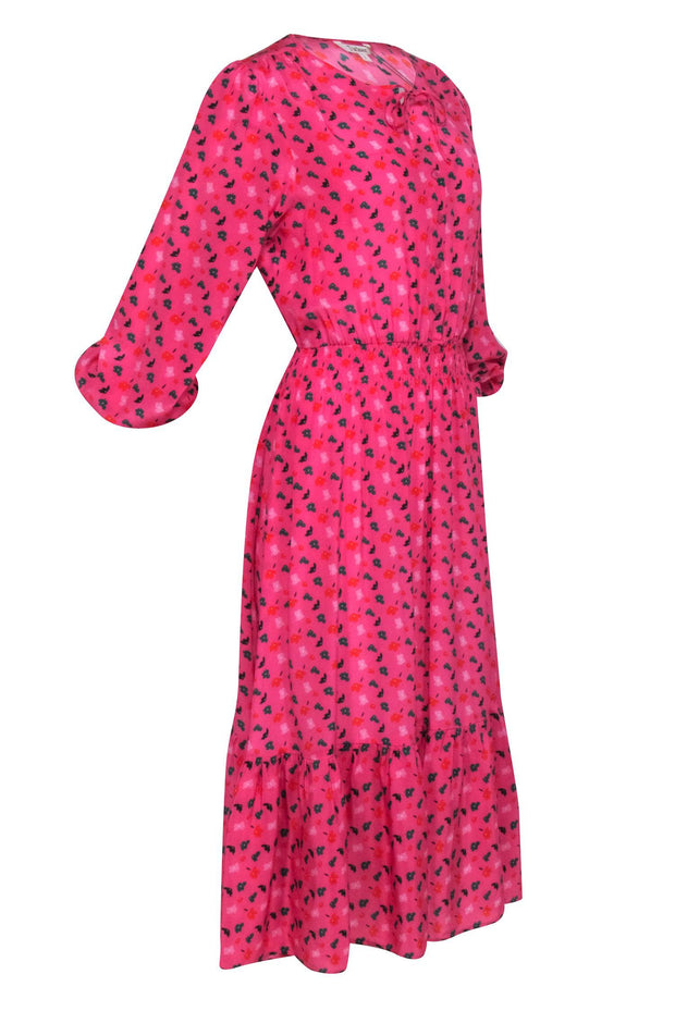 Current Boutique-Tuckernuck - Pink w/ Green & Orange Floral Long Sleeve Smocked Waist Dress Sz L