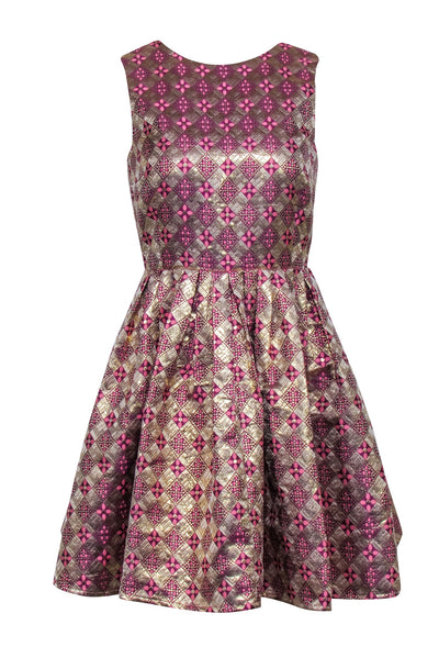 Current Boutique-Tuckernuck - Pink, Gold, & Purple Brocade Print Open Back Dress Sz S