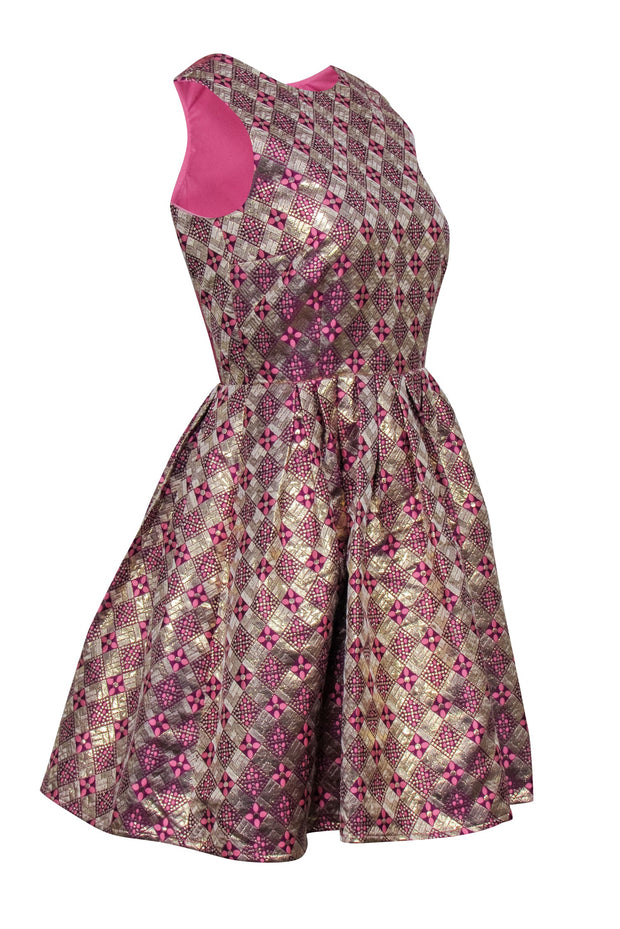Current Boutique-Tuckernuck - Pink, Gold, & Purple Brocade Print Open Back Dress Sz S