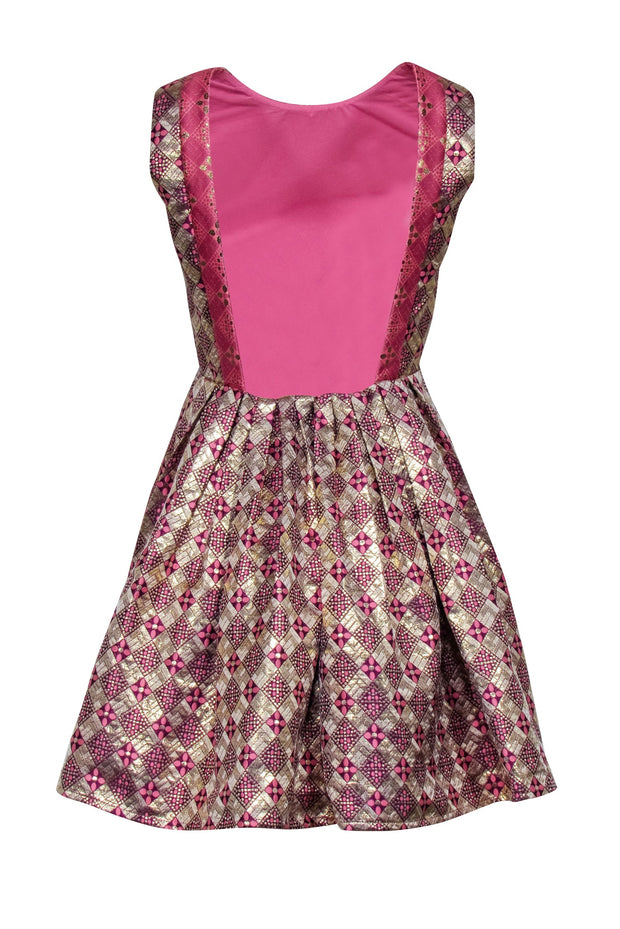 Current Boutique-Tuckernuck - Pink, Gold, & Purple Brocade Print Open Back Dress Sz S
