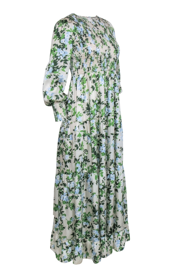 Current Boutique-Tuckernuck - Beige w/ Blue & Green Floral Print Smocked Dress Sz S