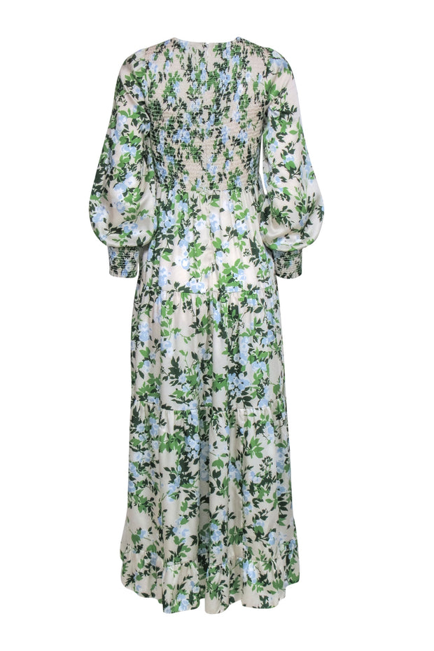 Current Boutique-Tuckernuck - Beige w/ Blue & Green Floral Print Smocked Dress Sz S