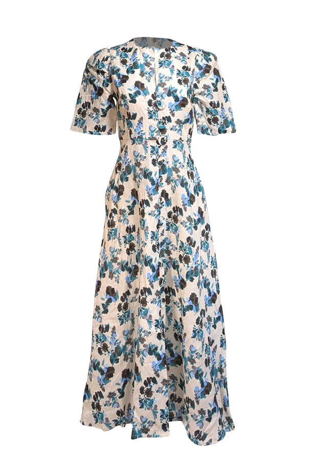 Tuckernuck - Ivory, Blue, & Green Floral Button Front Dress Sz S - Current Boutique