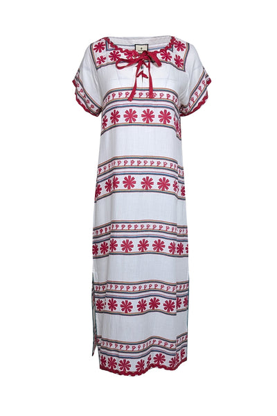 Current Boutique-Tuckernuck - White Caftan Dress w/ Red Floral Print & Embroidery Sz S