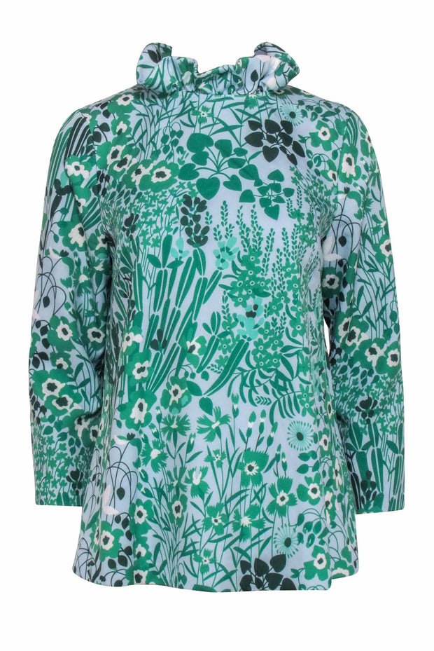 Current Boutique-Tuckernuck - Blue w/ Green Floral Print Ruffle Neckline Top Sz M