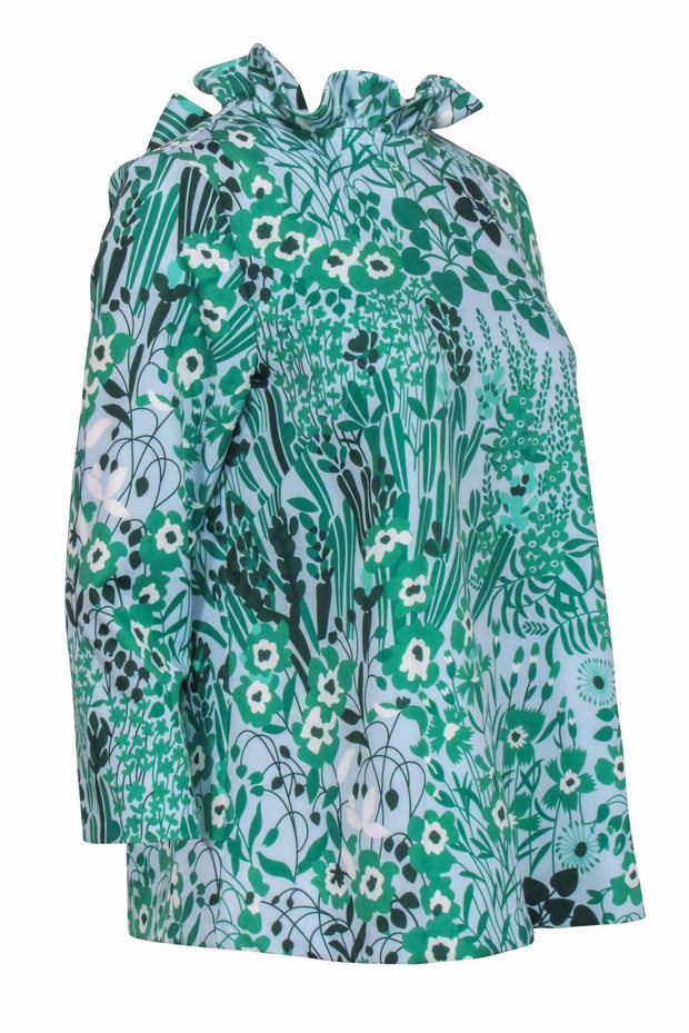 Current Boutique-Tuckernuck - Blue w/ Green Floral Print Ruffle Neckline Top Sz M