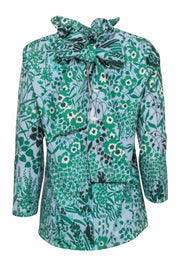 Current Boutique-Tuckernuck - Blue w/ Green Floral Print Ruffle Neckline Top Sz M