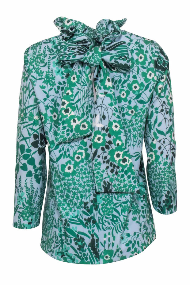 Current Boutique-Tuckernuck - Blue w/ Green Floral Print Ruffle Neckline Top Sz M